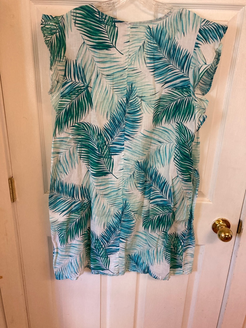Tahari White Linen Dress with Teal and Green Palm Print - Picture 4 of 6